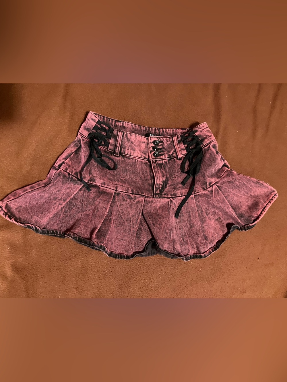 Social Collision Acid-Wash Ruffle Mini Skirt with Lace-Up